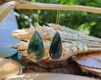Moss agate drop earrings gold gemstone earrings earrings agate