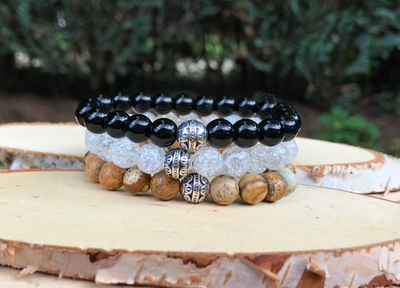 Gemstone Bracelet Set Onyx Jasper Rock Crystal Silver 8 Mm
