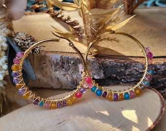 Agate earrings, gold earrings, hoop earrings, colorful agate