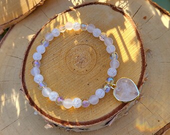 Rock Crystal Heart Bracelet Moonstone Angel Aura Quartz Rock Crystal 6 mm Gold