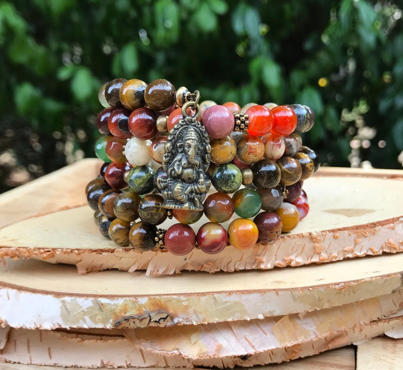 Memory Wire bracelet Ganesha Hamsa Mala bracelet Jaspis Mookait tiger eye agate