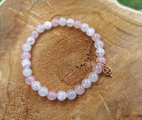 STONE BEAD BRACELET 6 MM W/CHARMS - ROSE STONE BEAD BRACELET 6 MM W/CHARMS - ROSE