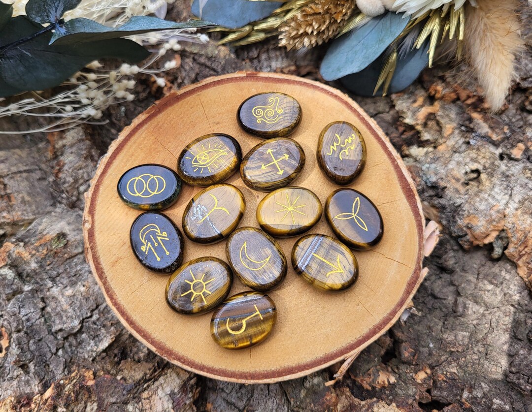 Witch Rune Stones Set Tiger Eye Gold Rune Stones Oracle Stones Witch ...