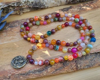 Ganesha Mala Necklace 108 Beads Unique Bronze Jade Agate Sunstone 6 mm 8 mm Beads Prayer Beads Meditation