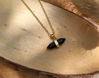 Gemstone tourmaline black chain double ended tip gold tourmaline pin gold chain stainless steel gold plated