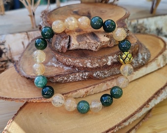 Lotus Citrine Moss Agate Bracelet 8 mm Beads Gold Lotus Bead Gemstone Bracelet