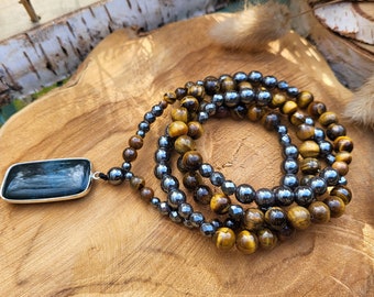 Hematite Tiger Eye Onyx Necklace Silver Gemstone Necklace Men's Necklace Beads