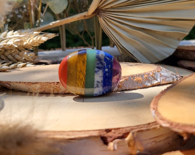 Featured listing image: Chakra Worry Stone Gemstone 7 Chakras Amethyst Jasper Sodalite Tiger's Eye Aventurine Jade Lapis Lazuli Palm Stone