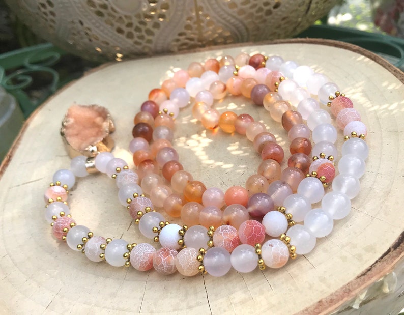 Mala 108 Beaded Necklace Druzy Gold 8mm Agate Moonstone Mala Necklace