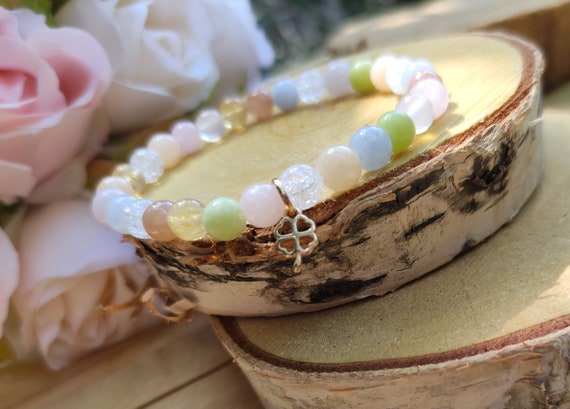 STONE BEAD BRACELET 6 MM W/CHARMS - ROSE STONE BEAD BRACELET 6 MM W/CHARMS - ROSE