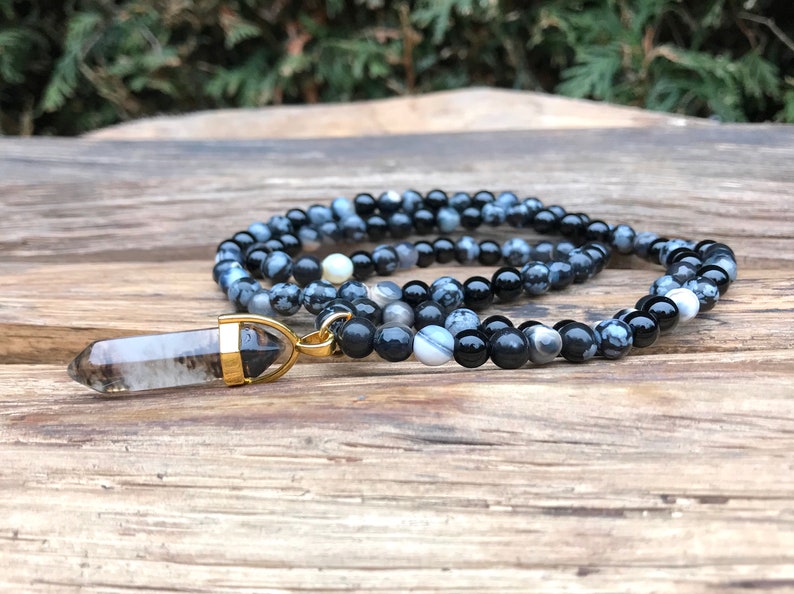 Mala Chain 108 Pearls Cloudy Quartz Gold Onyx Obsidian Achat 6 mm