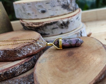 Gemstone Rhodonite Necklace Gold Rhodonite Pen Gold Chain Stainless Steel Gold Plated