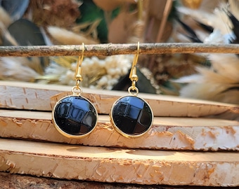 Obsidian earrings round black gold gemstone earrings