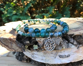 Tree of Life Bracelet Mala Agate Moss Agate Silver 4 mm 6 mm 8 mm