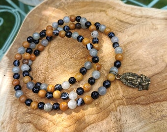 Ganesha Mala 108 beads necklace bronze 6 mm labradorite jasper agate prayer beads