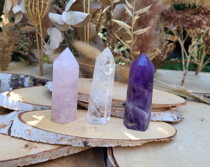 Featured listing image: Bedroom Stones Set Amethyst Rose Quartz Rock Crystal Obelisk Towers