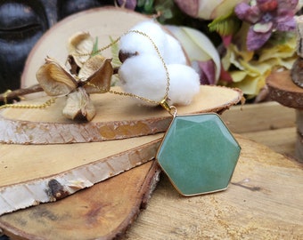Hexagon Gemstone Aventurine Necklace Gold
