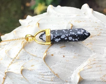 Snowflake Obsidian Pen Necklace Gemstone Necklace Gold