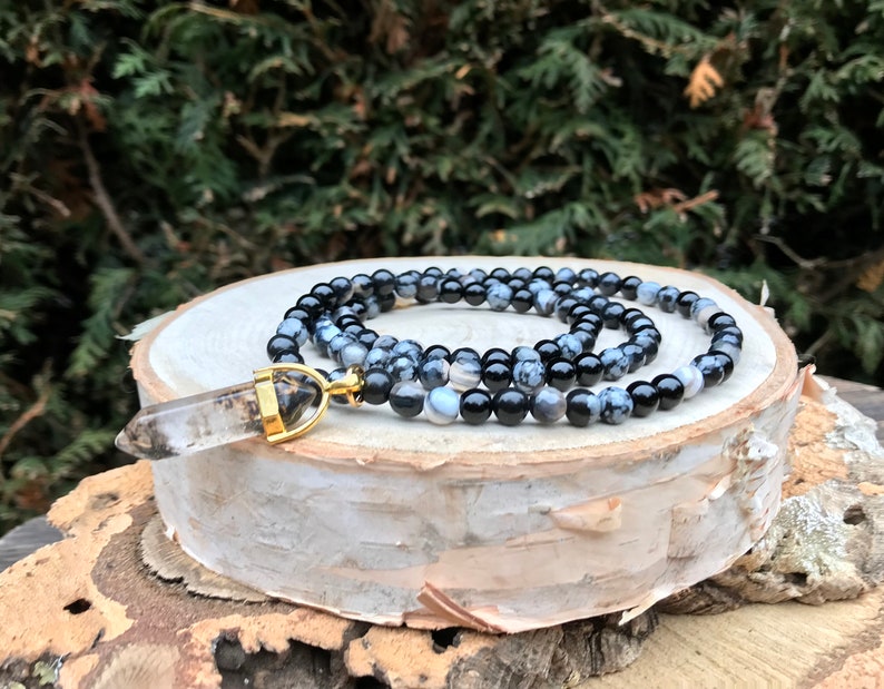 Mala Chain 108 Pearls Cloudy Quartz Gold Onyx Obsidian Achat 6 mm