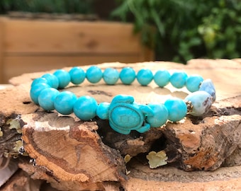 Turtle Bracelet Larimar Turquoise Animal Memorial 8mm Beads