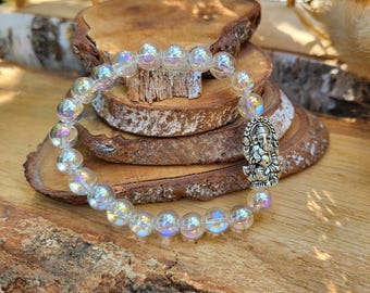 Ganesha Bracelet Angel Aura Quartz 8 mm Silver Mala Bracelet Gemstone Bracelet