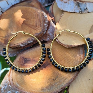 Boucles d&#39;oreilles tourmaline boucles d&#39;oreilles pierres précieuses en or noir boucles d&#39;oreilles créoles