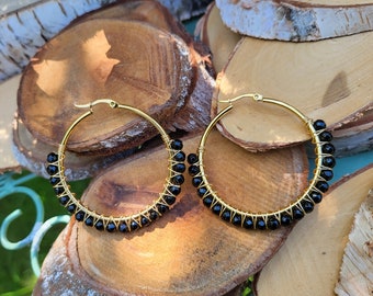 Tourmaline earrings black gold gemstone earrings hoop earrings