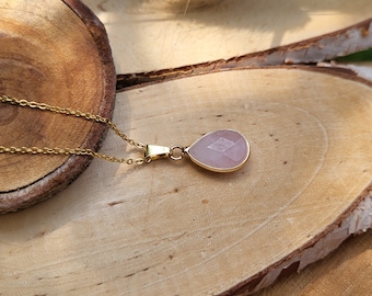 Rose quartz small drop necklace, gold gemstone necklace