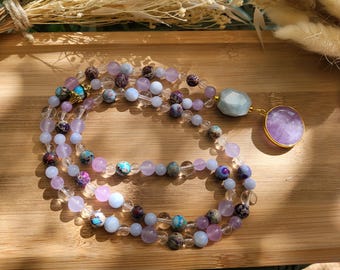 Amethyst Mala Necklace, 108 Beads, Unique Piece, Rock Crystal, Jasper, Aquamarine, Jade, Amethyst, Gold, One-of-a-kind, 6 mm, 8 mm Beads, Prayer Beads, Meditation
