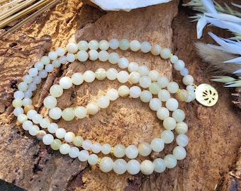 Lotus Mala Necklace, 108 Unique Beads, Jade Flower Jade, Gold, 6 mm, 8 mm Beads, Prayer Beads, Meditation