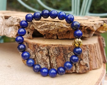 Lapis lazuli bracelet, Lotus Gold 8 mm pearl gemstone bracelet