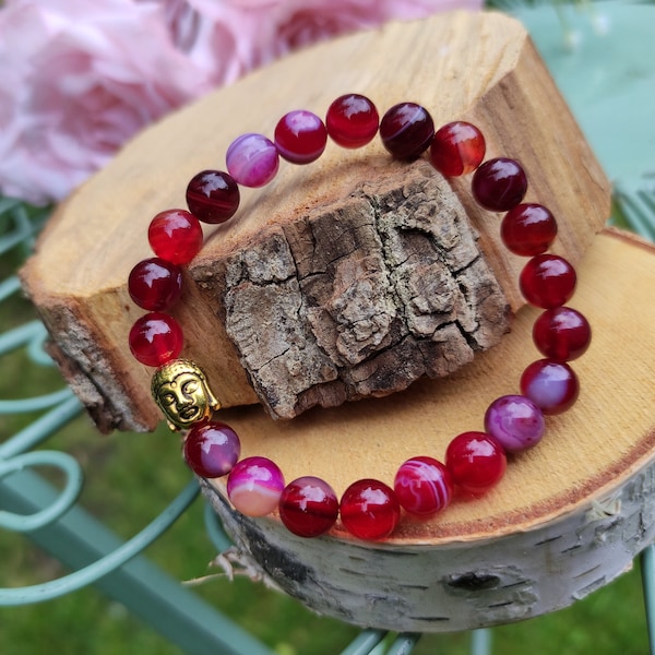 Buddha Armband Achat Gold 8mm Perlen Rot Mala Armband