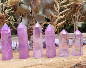 Pink Angel Aura Quartz Tower Obelisk Gemstone Rainbow Wormstone Point Yoga Chakra Reiki