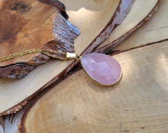 Rose Quartz Drop Necklace Gold