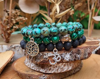 Tree of Life Om Buddha Bracelet Set Malachite Turquoise Lava Mala Bracelet 8 mm Beads