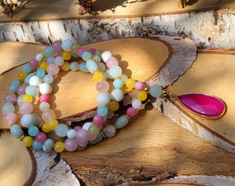 Mala necklace 108 beads jade amazonite magnesite rose quartz jasper morganite unique single piece 6 mm 8 mm beads gold prayer chain meditation