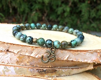 Yoga Om Bracelet African Turquoise Mala Bracelet 6 mm