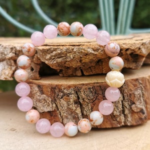 Lotusbloesem Crème Armband Jaspis Rozenkwarts 8 mm Mala Armband