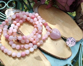 Rose Quartz Heart Mala Necklace 108 Beads Cherry Blossom Jasper Real Flower Gold Prayer Beads 8 mm