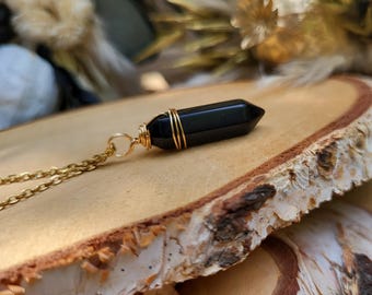 Obsidian pen necklace black gold obsidian pen double terminated gemstone necklace