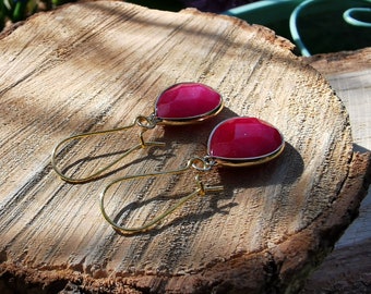 Earrings Jade Pink Dark Pink Earrings Gold Drop Gemstone Earrings