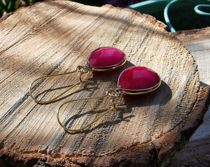 Featured listing image: Earrings Jade Pink Dark Pink Earrings Gold Drop Gemstone Earrings