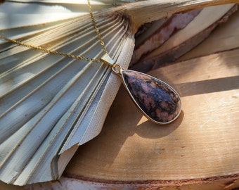 Rhodonite gemstone necklace, gold rhodonite drop gold necklace