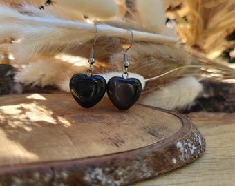 Obsidian heart earrings, silver and black hearts, gemstone earrings, drop earrings