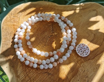 Mala 108 beads necklace flower of life sunstone rock crystal jade rose gold 6 mm