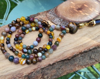 Mala Necklace 108 Beads Buddha Lotus Tiger Eye Heart Agate Jasper Gold 6 mm 8 mm Mala Prayer Beads