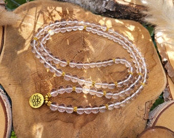 Rock crystal mala necklace, 108 beads, lotus gold prayer beads, 8 mm beads, meditation