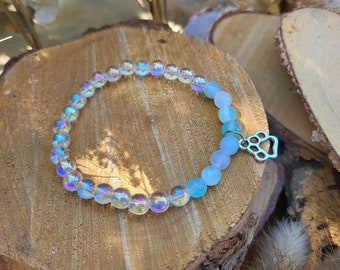 Paw Bracelet Agate Angel Aura Quartz 6 mm Silver Cat Dog Rainbow Bridge Animal Memory
