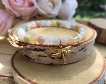 Dragonfly Gold Sunstone Citrine Moonstone Jade Rose Quartz Aquamarine Rock Crystal Bracelet 6mm Beads