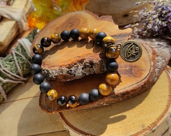 Horus Eye Bracelet Tiger Eye Onyx Bronze 8 mm Beads Gemstone Bracelet Lacooni